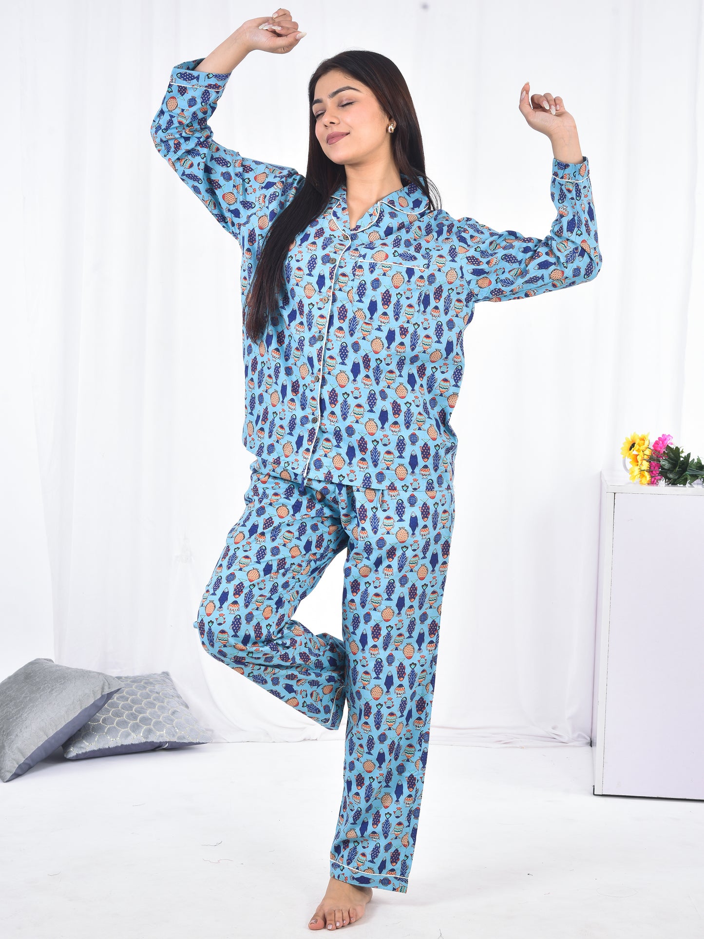 Long PJ Set in Aqua Blue