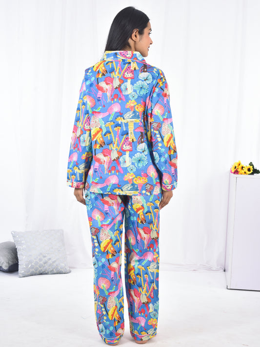 Handblock Cute Mushroom & Floral Cotton Button-Down Pajamas, Colorful Lounge Set for Women