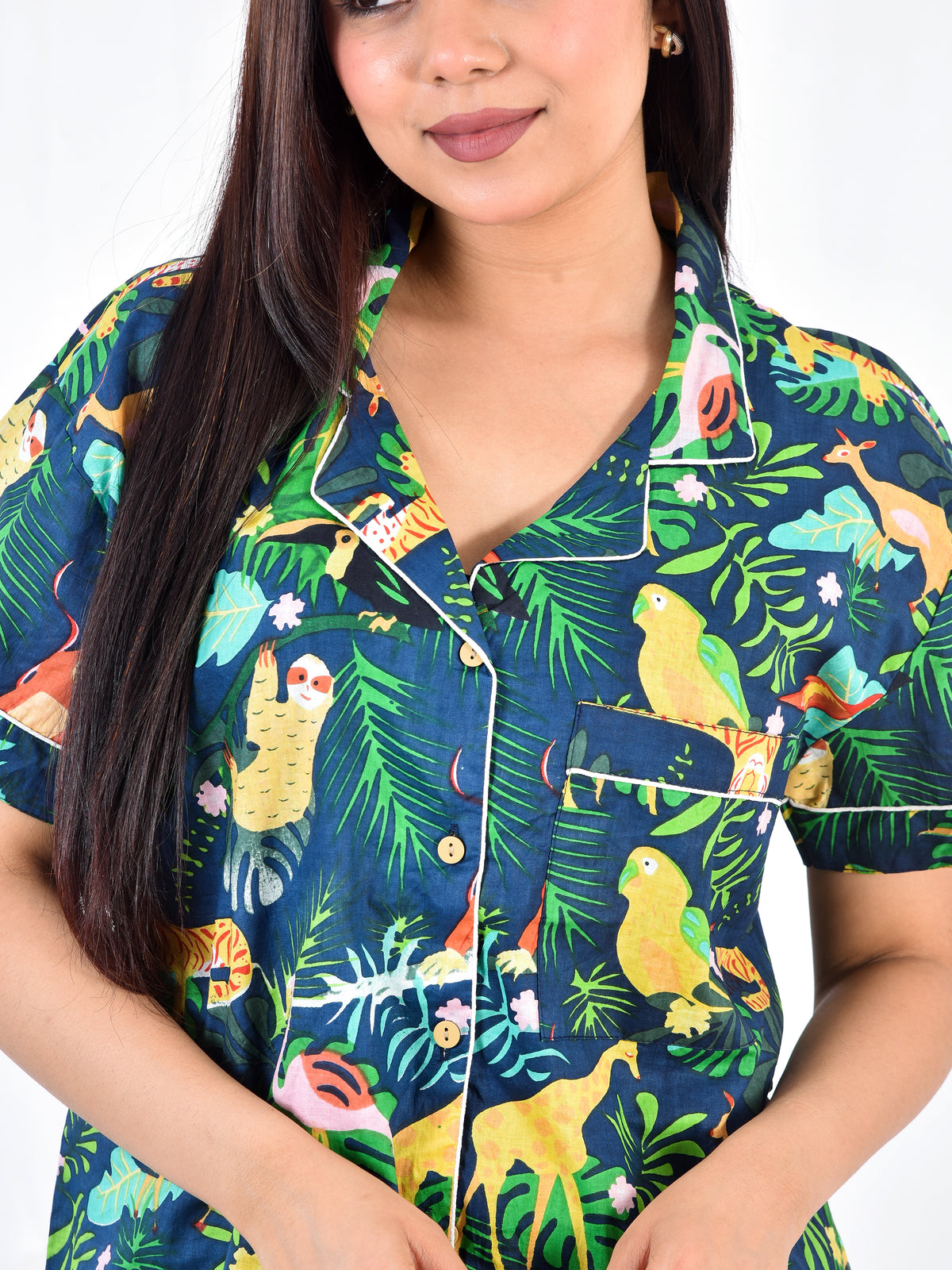 Aqua Green Tropical Safari Animals & Palm Block Print Cotton Shorts Set, Summer Sleepwear & Loungewear