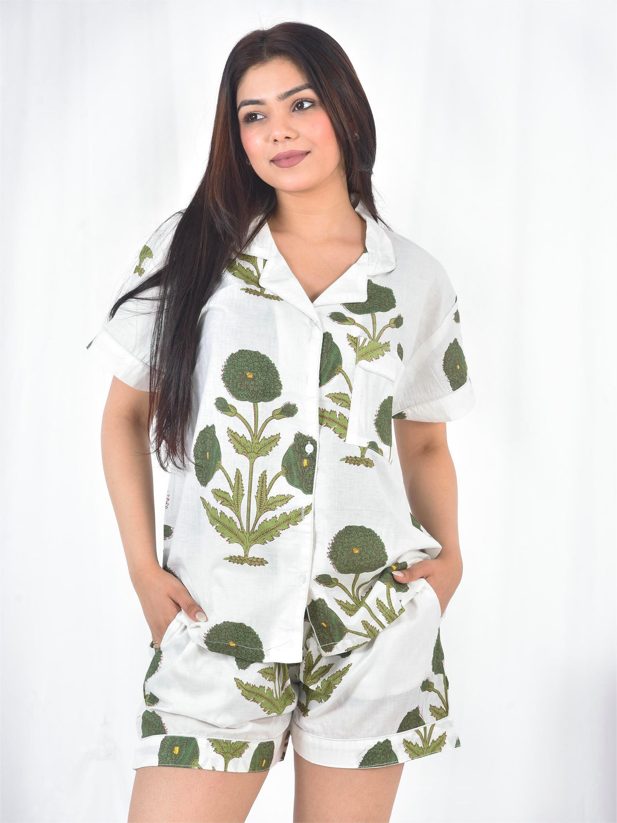 White & Olive Green Botanical Block Print Cotton Shorts Set, Artisanal Summer Sleepwear & Loungewear