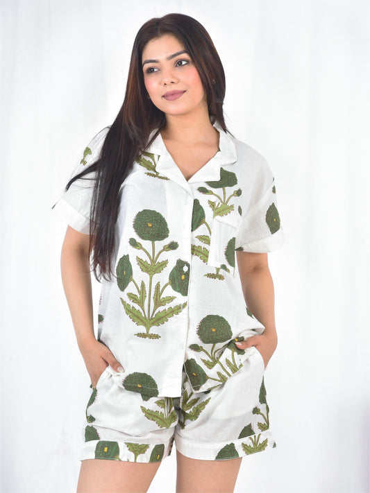White & Olive Green Botanical Block Print Cotton Shorts Set, Artisanal Summer Sleepwear & Loungewear