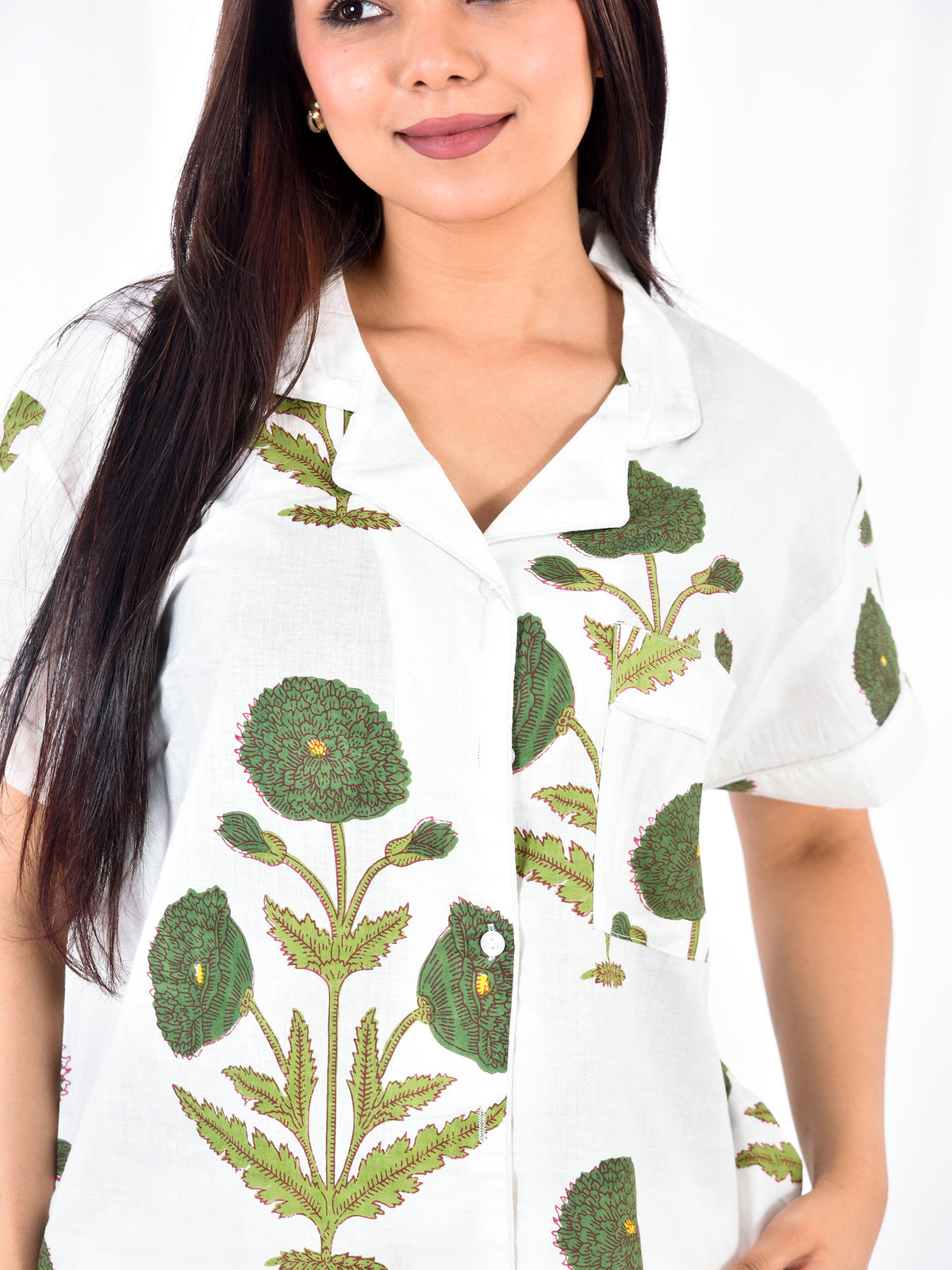 White & Olive Green Botanical Block Print Cotton Shorts Set, Artisanal Summer Sleepwear & Loungewear
