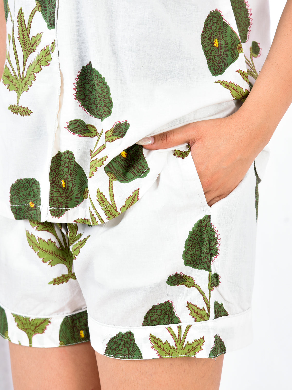 White & Olive Green Botanical Block Print Cotton Shorts Set, Artisanal Summer Sleepwear & Loungewear