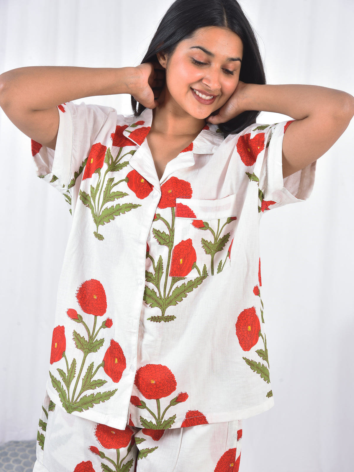 White & Olive Green Botanical Block Print Cotton Shorts Set, Artisanal Summer Sleepwear & Loungewear