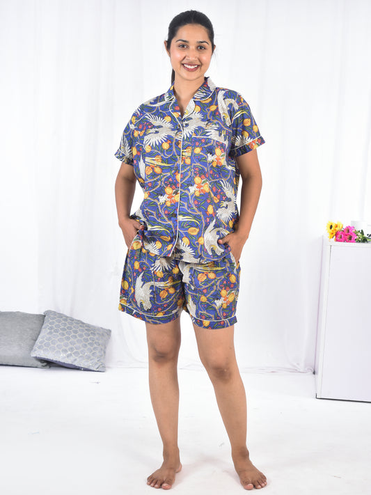 Royal Blue Crane & Botanical Fruit Block Print Cotton Shorts Set, Artisanal Summer Sleepwear & Loungewear