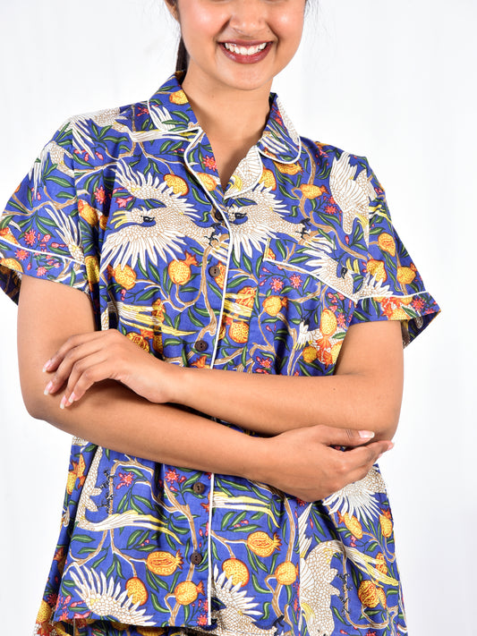 Royal Blue Crane & Botanical Fruit Block Print Cotton Shorts Set, Artisanal Summer Sleepwear & Loungewear
