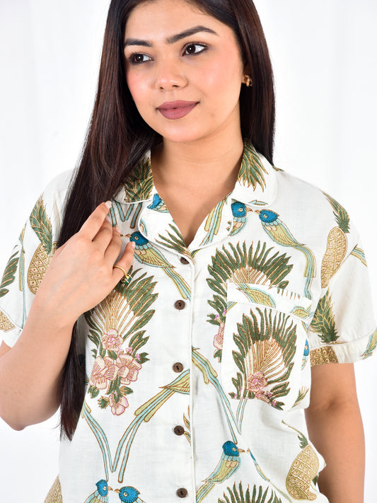 Off-White Botanical Bird & Floral Block Print Cotton Shorts Set, Summer Sleepwear & Loungewear