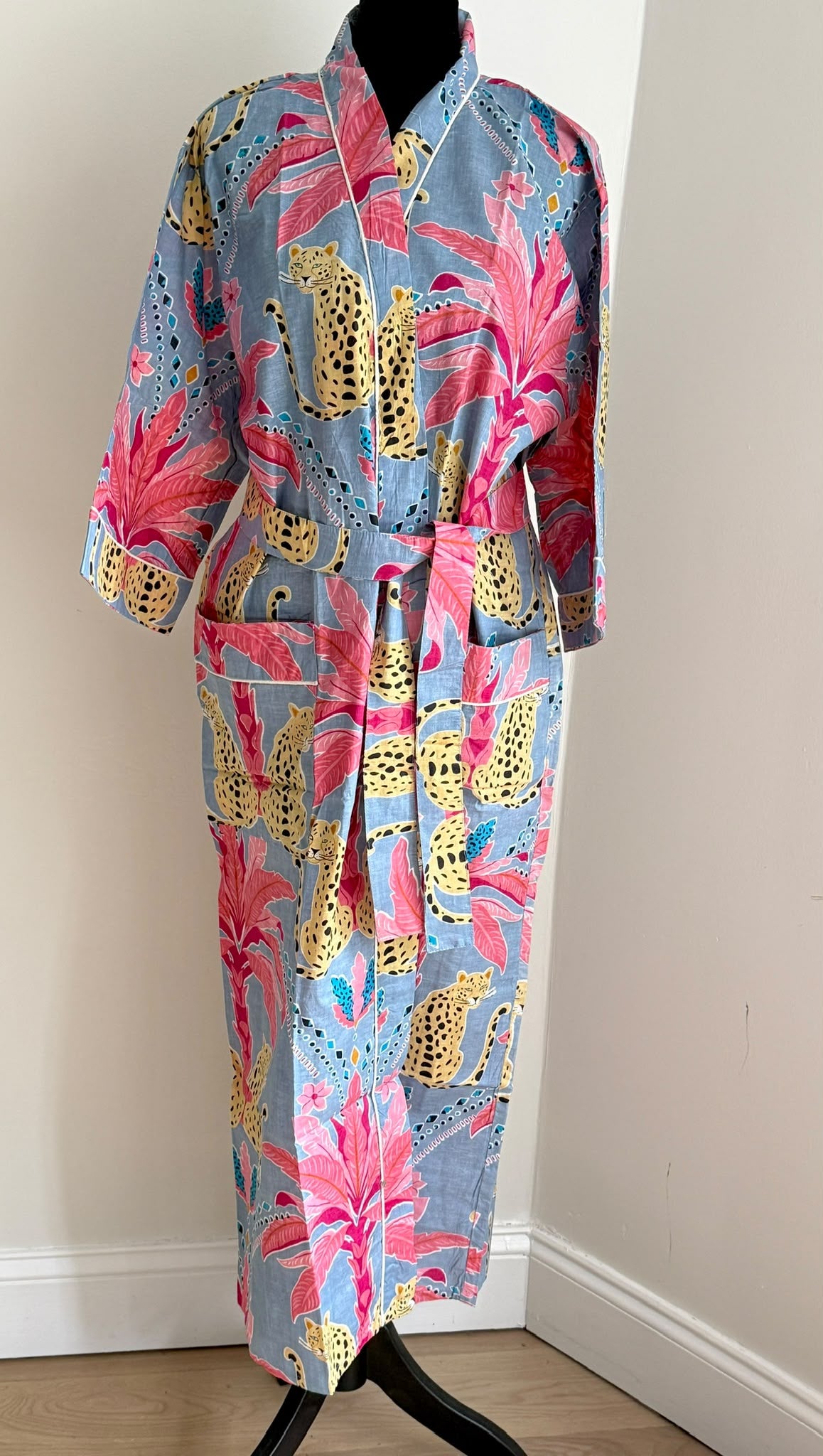 Handcrafted Block Print Cotton Kimono Robe | Blue & Hot Pink Leopard Tropical Palm Lounge Robe | Spa & Sleepwear