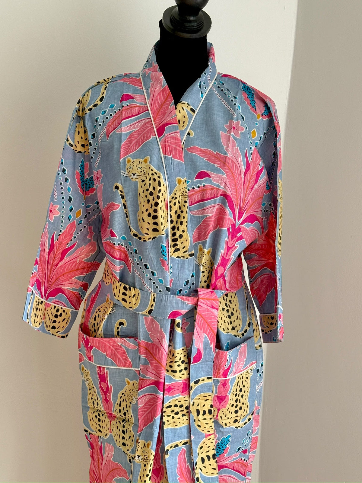 Handcrafted Block Print Cotton Kimono Robe | Blue & Hot Pink Leopard Tropical Palm Lounge Robe | Spa & Sleepwear