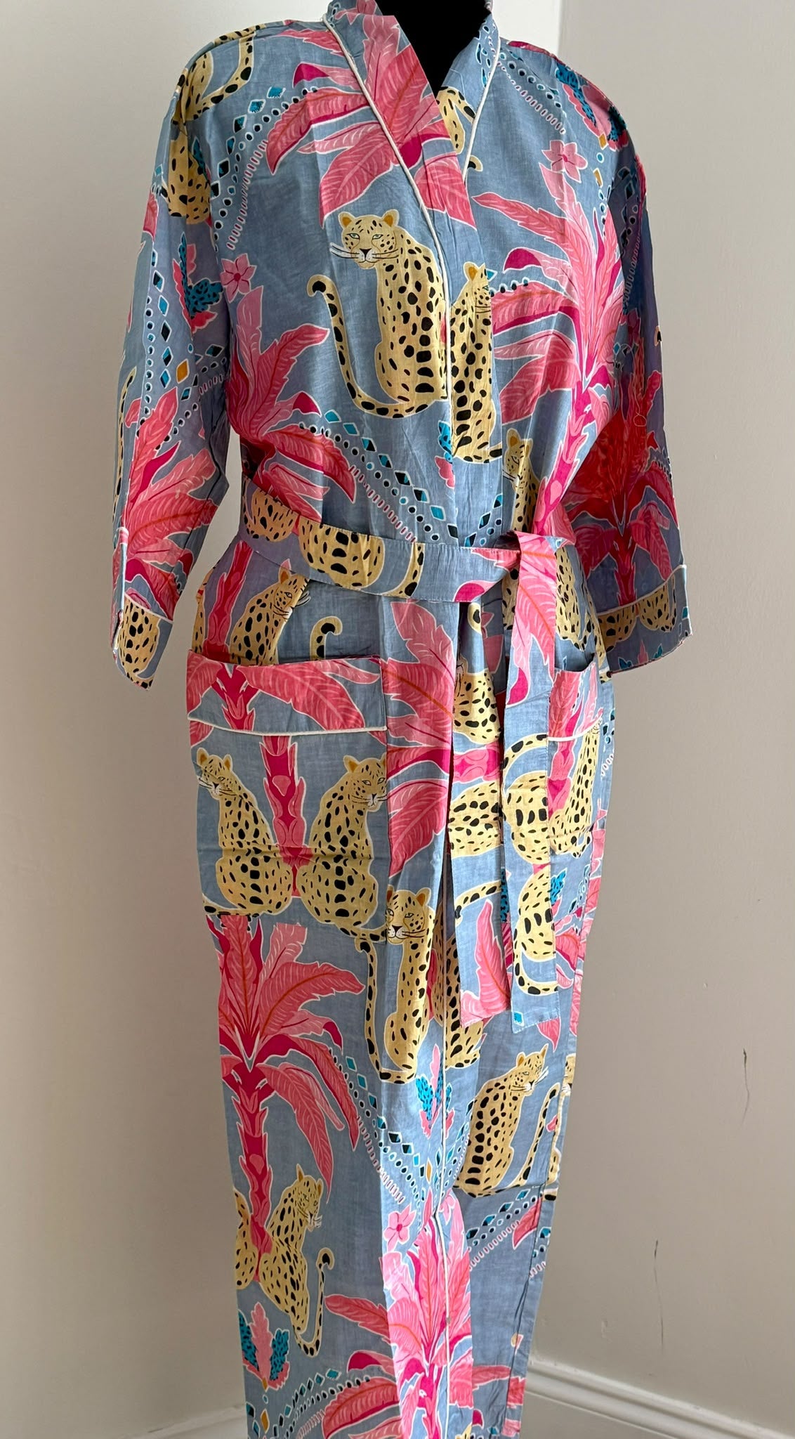 Handcrafted Block Print Cotton Kimono Robe | Blue & Hot Pink Leopard Tropical Palm Lounge Robe | Spa & Sleepwear