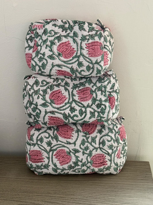 Set Of 3 Makeup Bag, Pink Lotus Vine Block Print Cotton Travel Case, Quilted Cosmetic Storage Bag Set