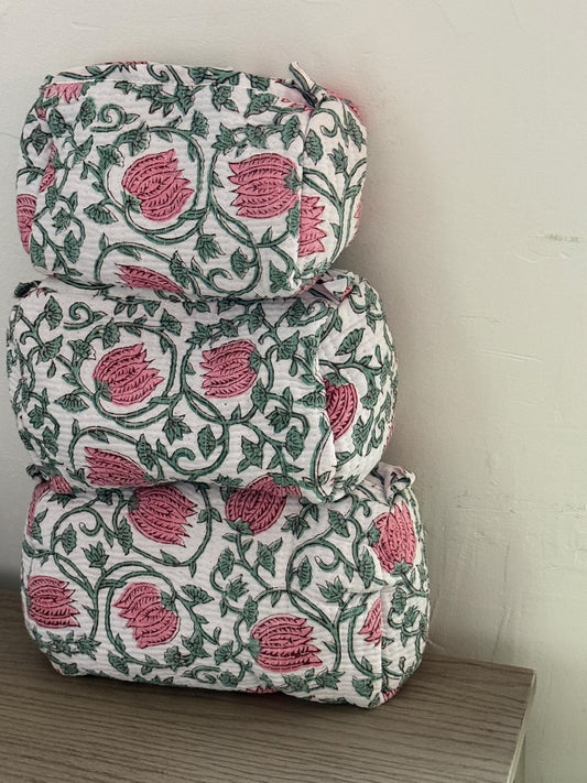 Set Of 3 Makeup Bag, Pink Lotus Vine Block Print Cotton Travel Case, Quilted Cosmetic Storage Bag Set