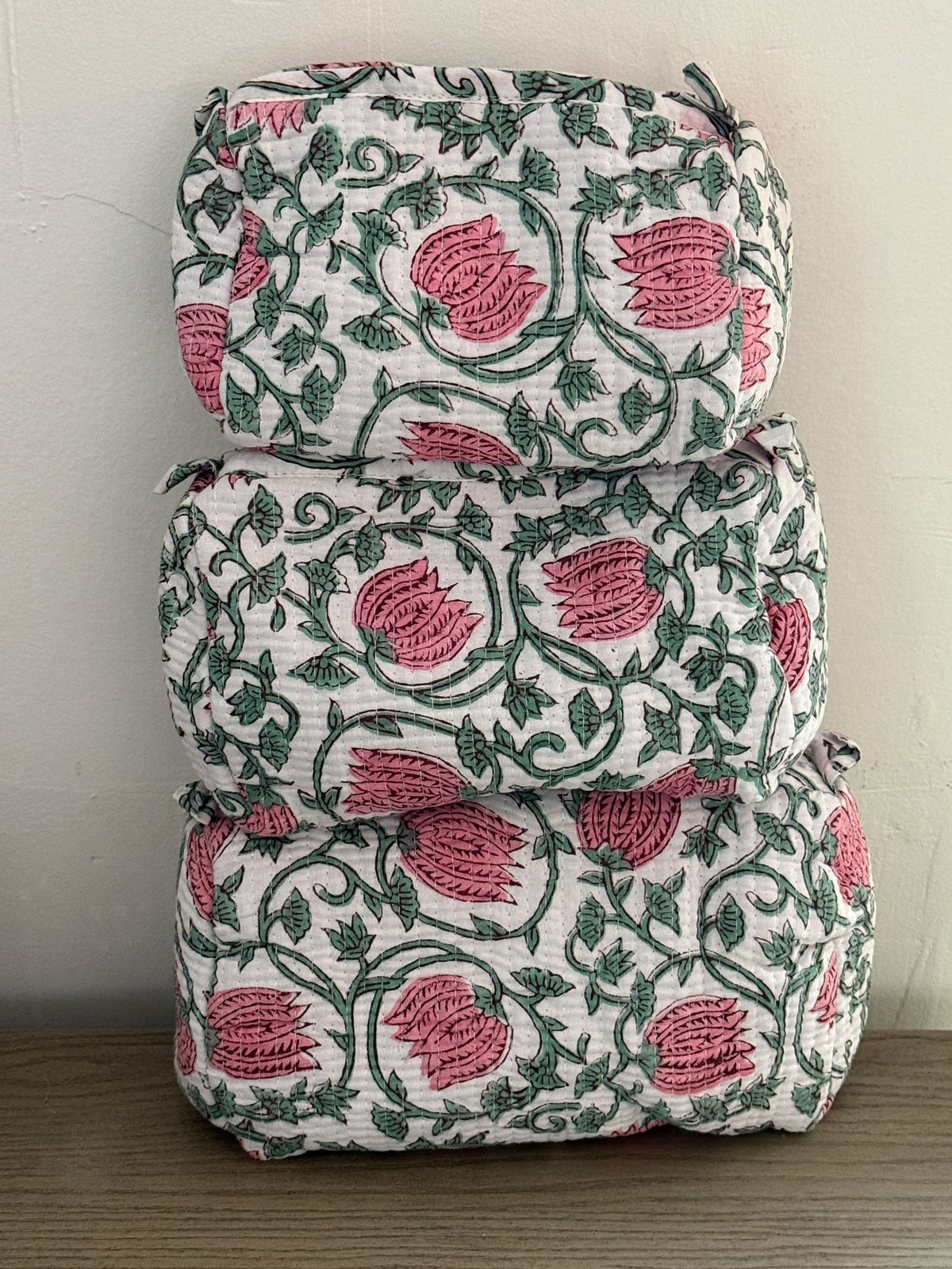 Set Of 3 Makeup Bag, Pink Lotus Vine Block Print Cotton Travel Case, Quilted Cosmetic Storage Bag Set