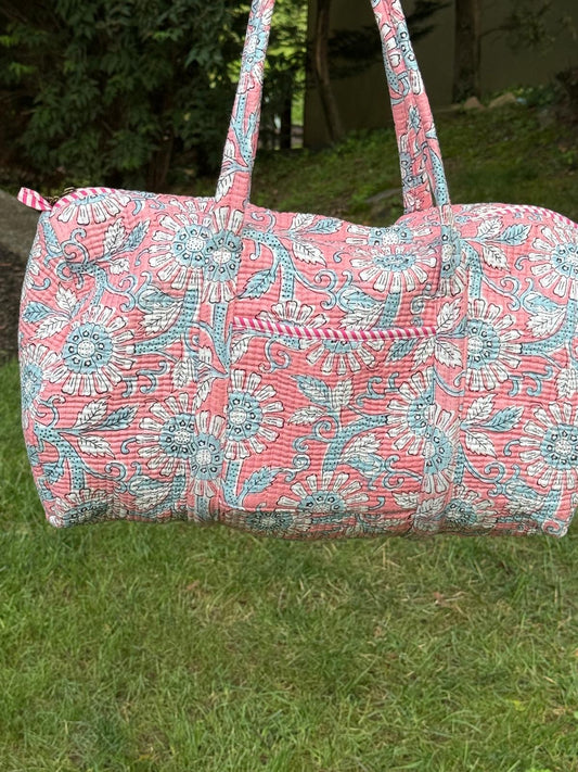 Pink Floral Block Printed Duffel Bag