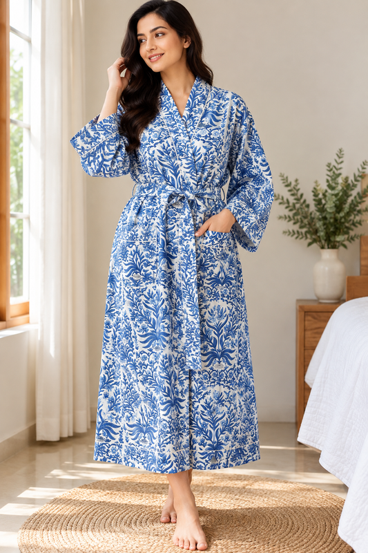 Periwinkle Blue Cotton Kimono Bathrobe | Vintage Floral Damask Motif Spa & Lounge Wrap