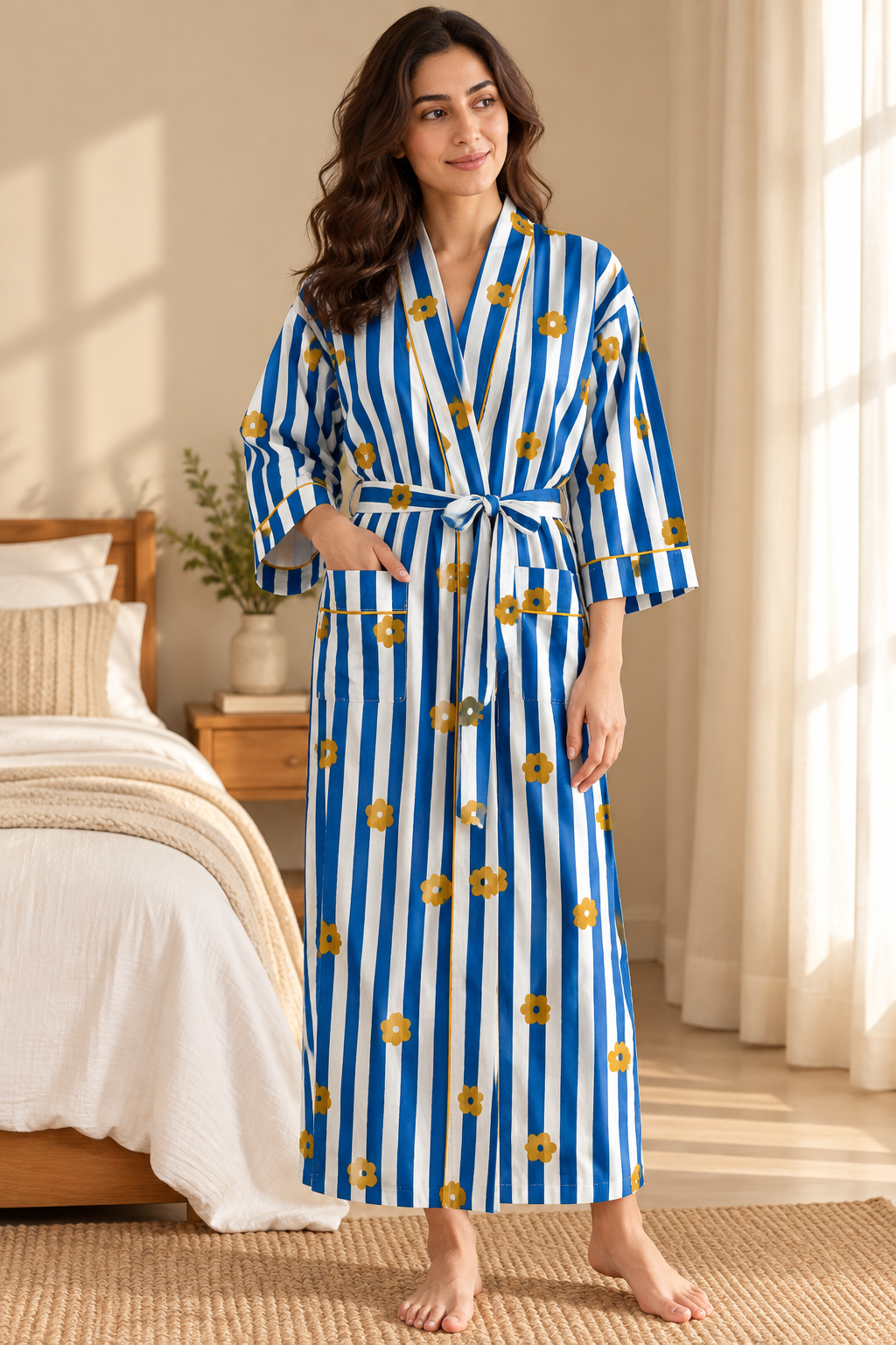Royal Blue Striped Cotton Kimono | Mustard Floral Motif Block Print Bathrobe & Nightwear