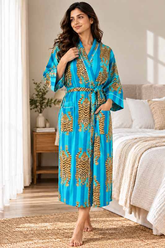 Turquoise Blue & Cyan Striped Wrap Dress | Exotic Tiger Print Cotton Bathrobe | Luxury Loungewear & Sleep Robe