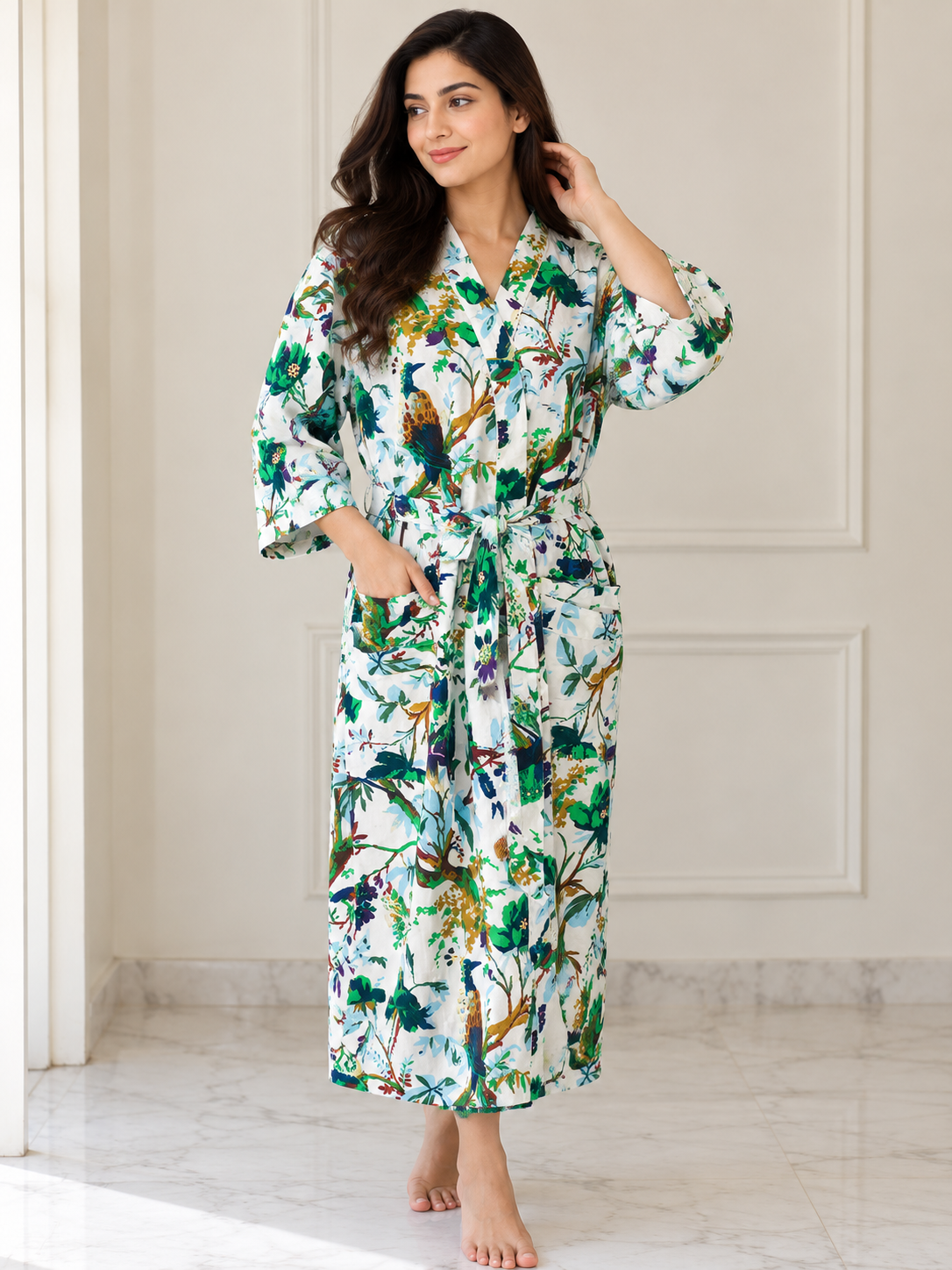 Handcrafted Block Print Cotton Kimono Robe | Green & Blue Botanical Bird Forest Lounge Robe | Spa & Sleepwear
