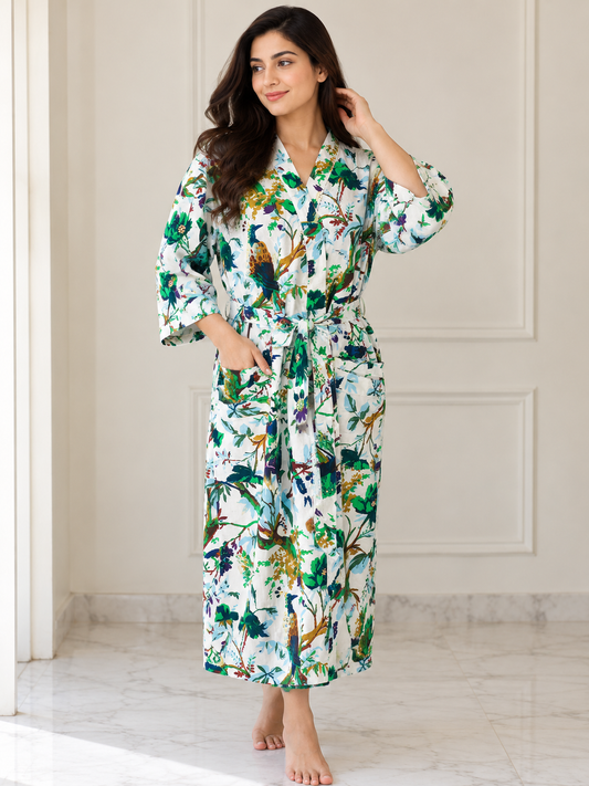 Handcrafted Block Print Cotton Kimono Robe | Green & Blue Botanical Bird Forest Lounge Robe | Spa & Sleepwear