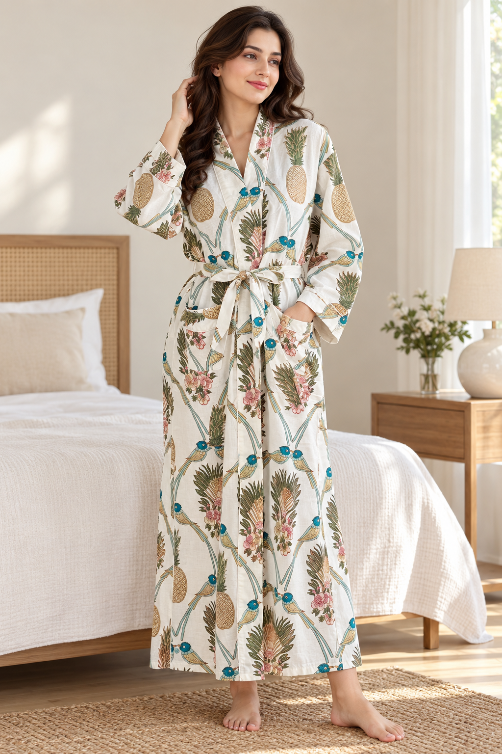 Handcrafted Block Print Cotton Kimono Robe | Blue Birds, Pineapples & Floral Botanical Lounge Robe | Spa & Sleepwear