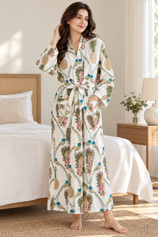 Handcrafted Block Print Cotton Kimono Robe | Blue Birds, Pineapples & Floral Botanical Lounge Robe | Spa & Sleepwear