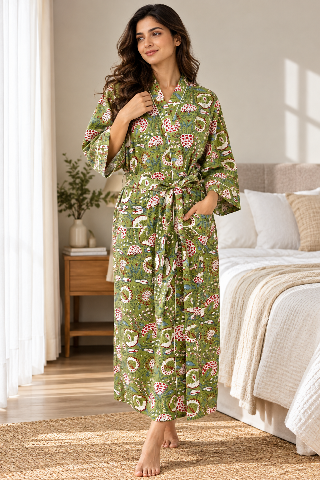 Traditional Indian Block Print Cotton Kimono | Olive Green & Crimson Floral Motif Spa & Lounge Robe | Gift For Her
