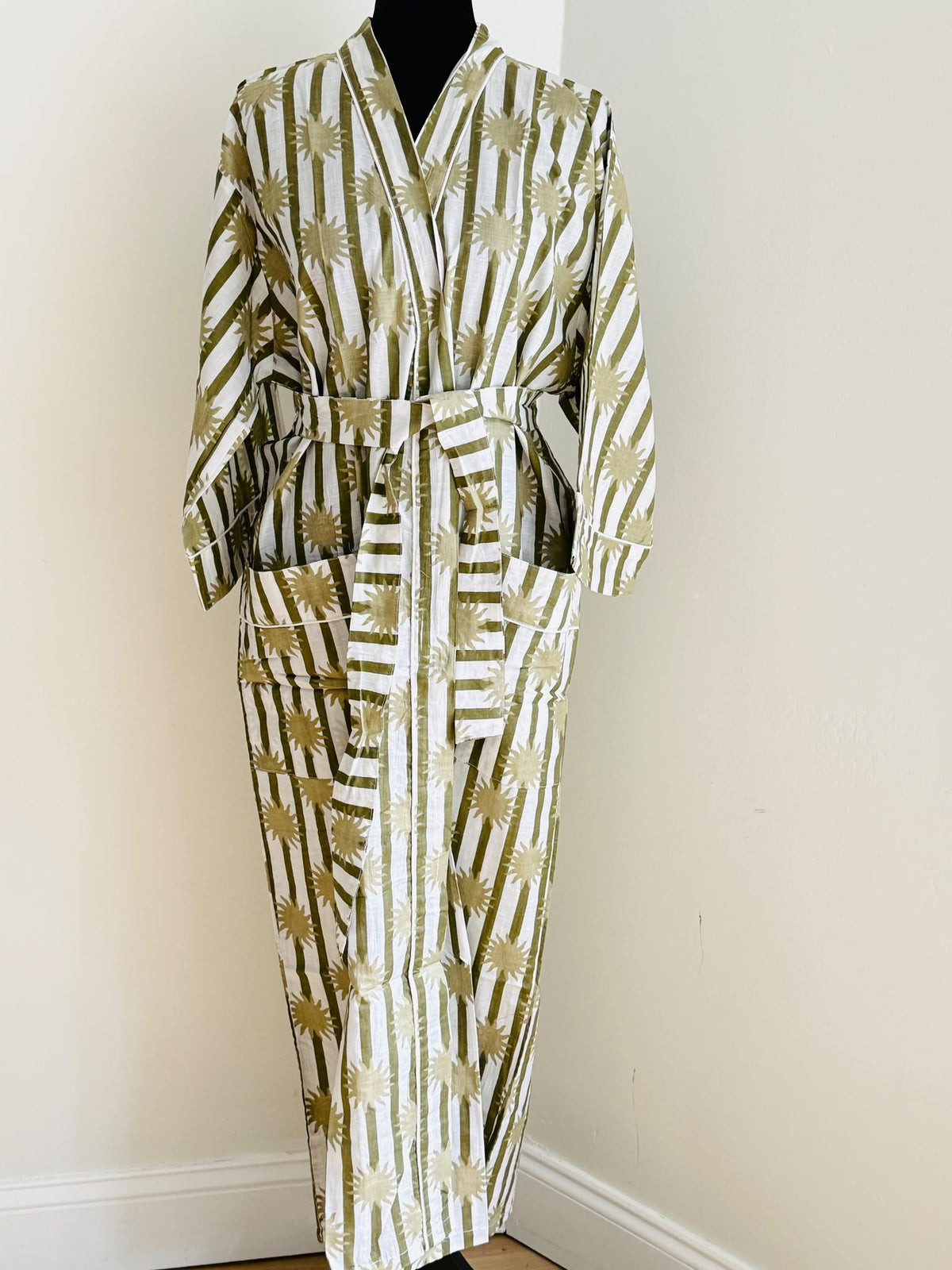 Handcrafted Block Print Cotton Kimono Robe | Terracotta Brown Stripe & Sunburst Lounge Robe | Spa & Sleepwear