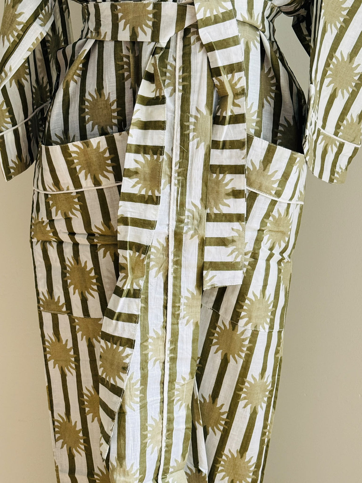 Handcrafted Block Print Cotton Kimono Robe | Terracotta Brown Stripe & Sunburst Lounge Robe | Spa & Sleepwear