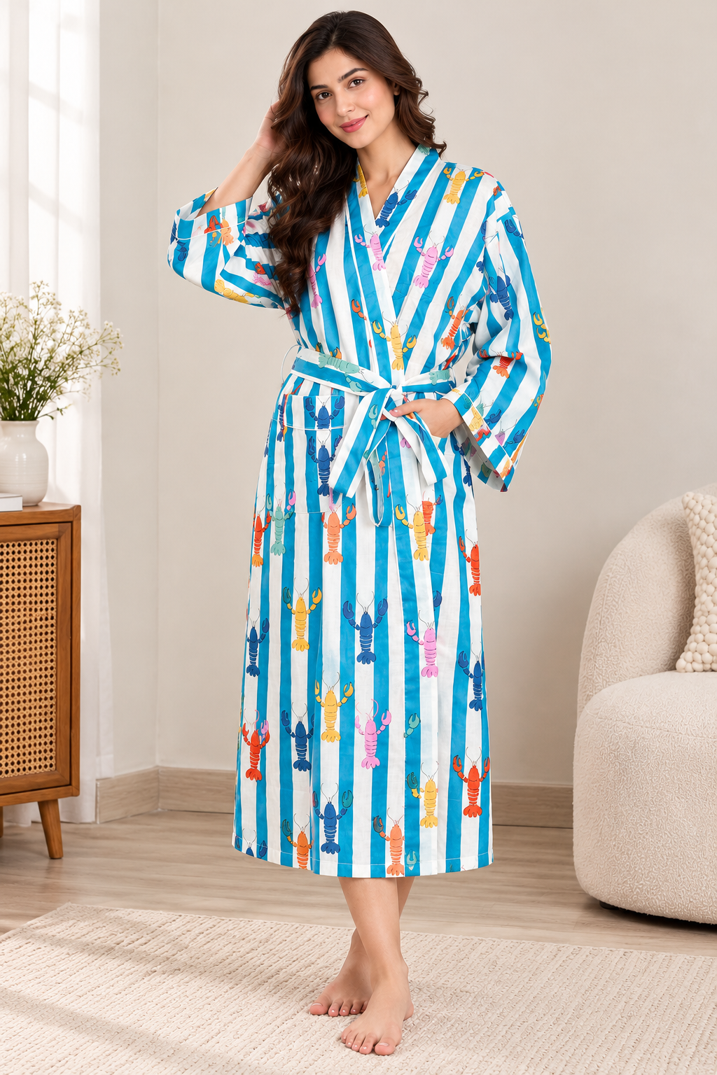 Hot Pink & White Striped Cotton Kimono | Multi-Colored Lobster Motif Lounge & Spa Robe