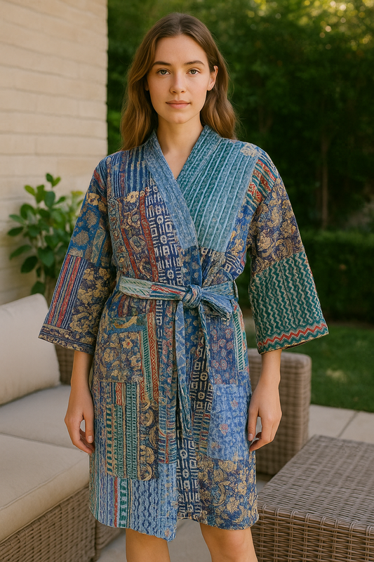 Reversible Grey Quilted Cotton Kimono Robe