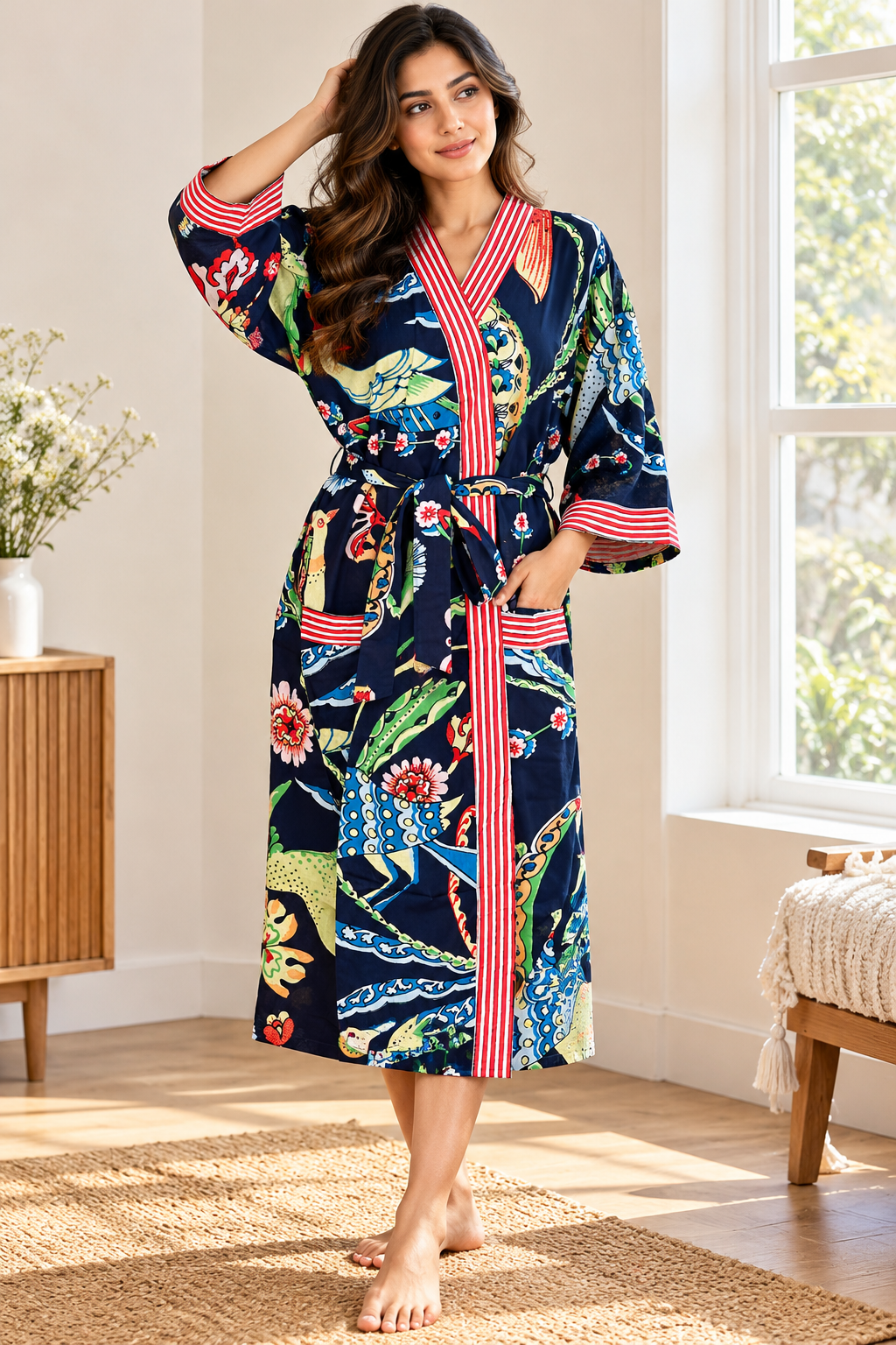 Handcrafted Block Print Cotton Kimono Robe | Navy Blue & Red Striped Trim Abstract Floral Lounge Robe | Spa & Sleepwear