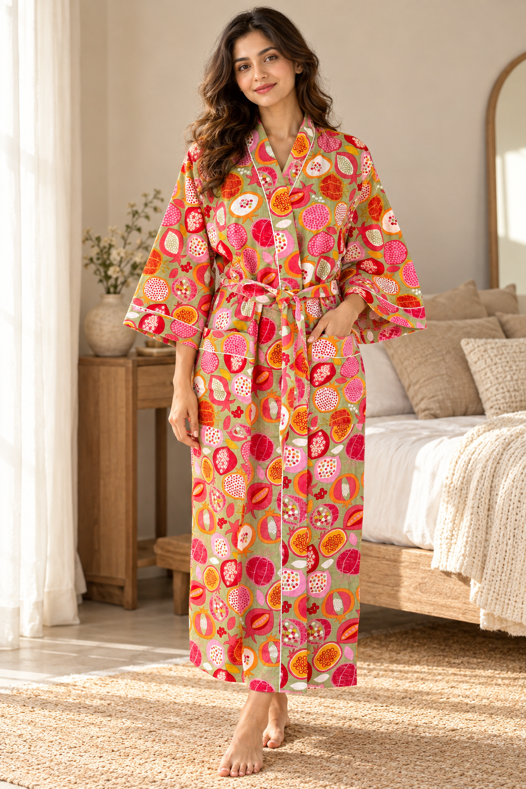Hot Pink Block Printed Cotton Kimono | Pomegranate Fruit Motif Lounge Robe & Sleepwear