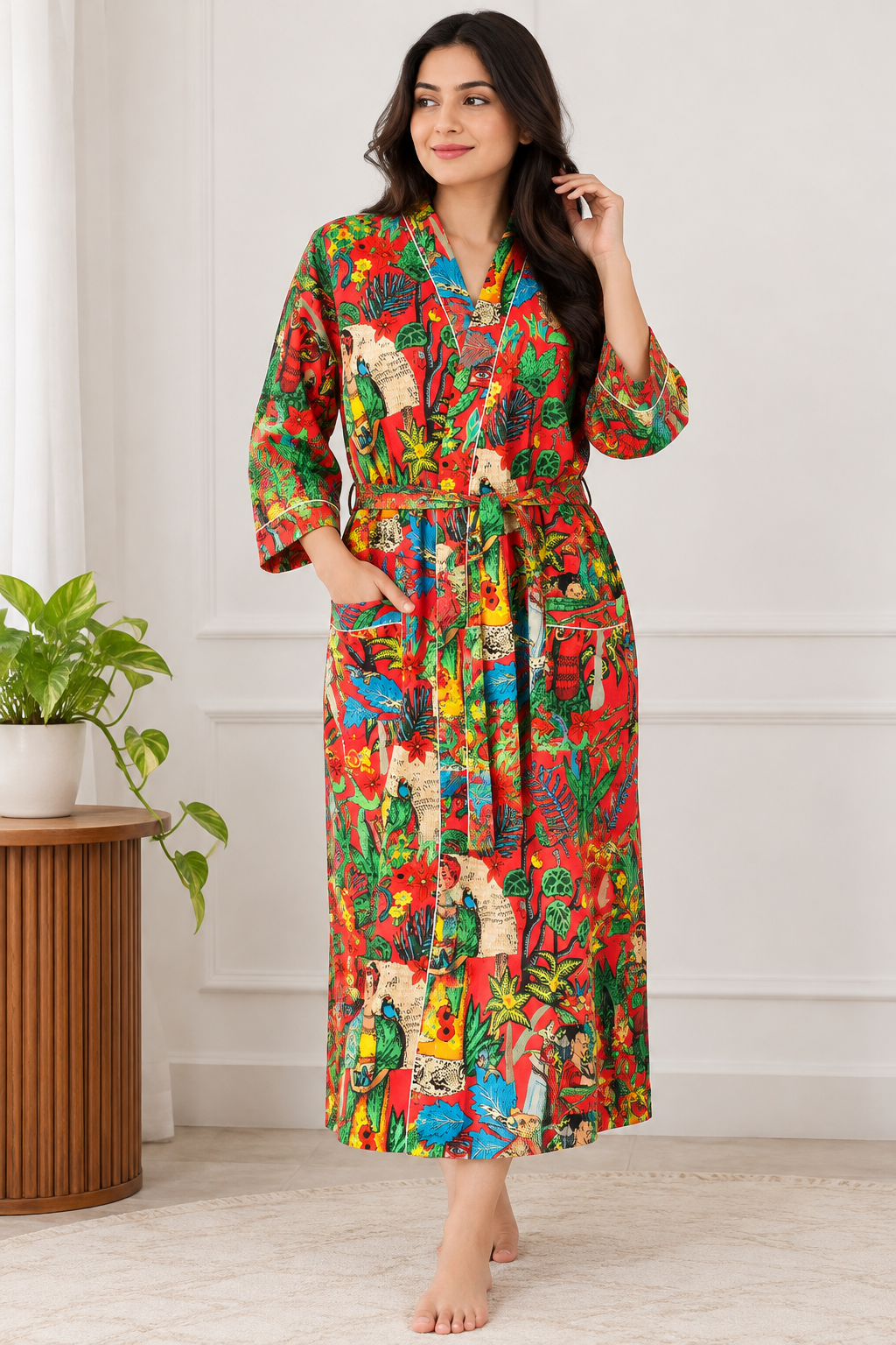 Handcrafted Block Print Cotton Kimono Robe | Magenta Pink & Multicolor Artistic Frida Portrait Lounge Robe | Spa & Sleepwear