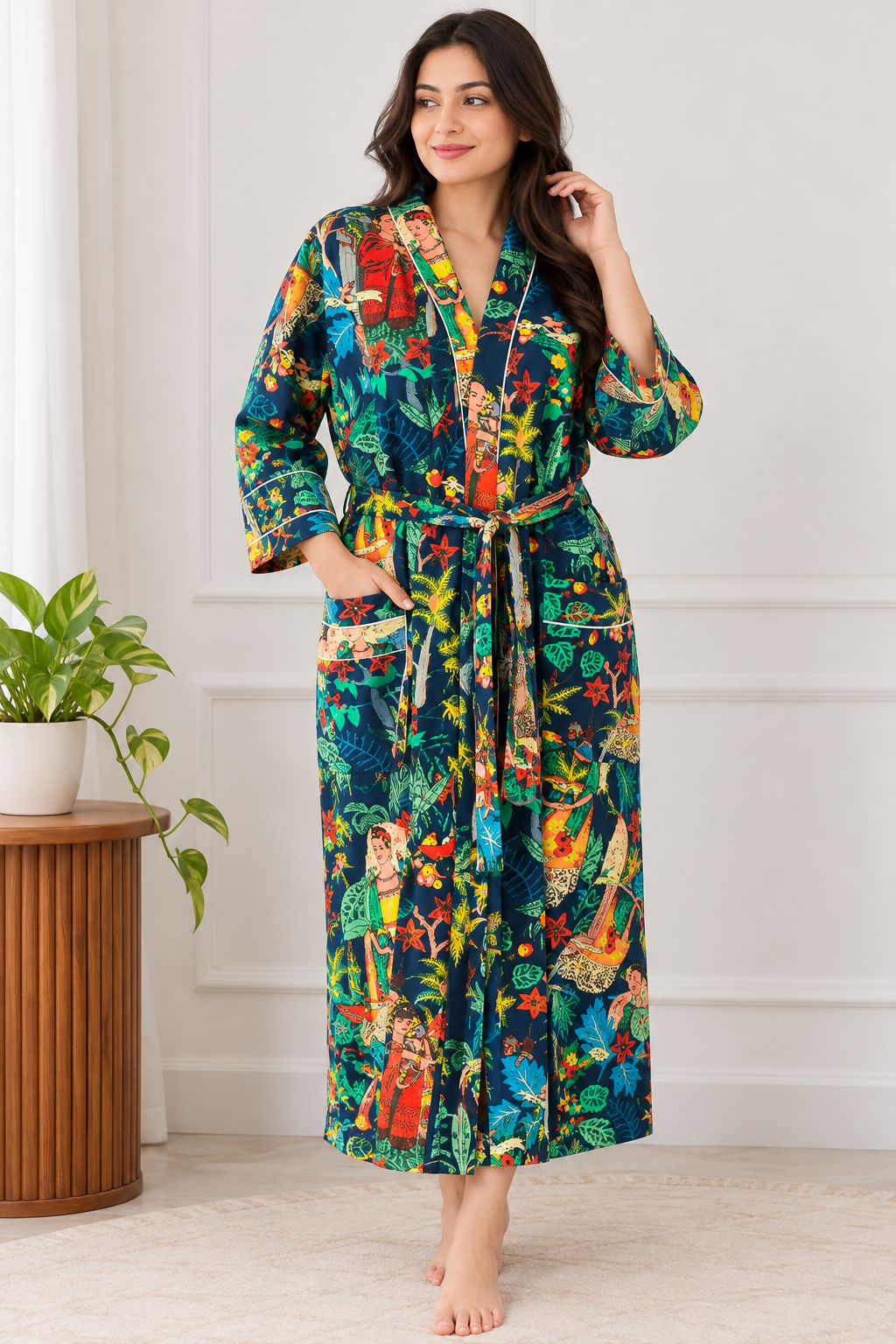 Handcrafted Block Print Cotton Kimono Robe | Magenta Pink & Multicolor Artistic Frida Portrait Lounge Robe | Spa & Sleepwear