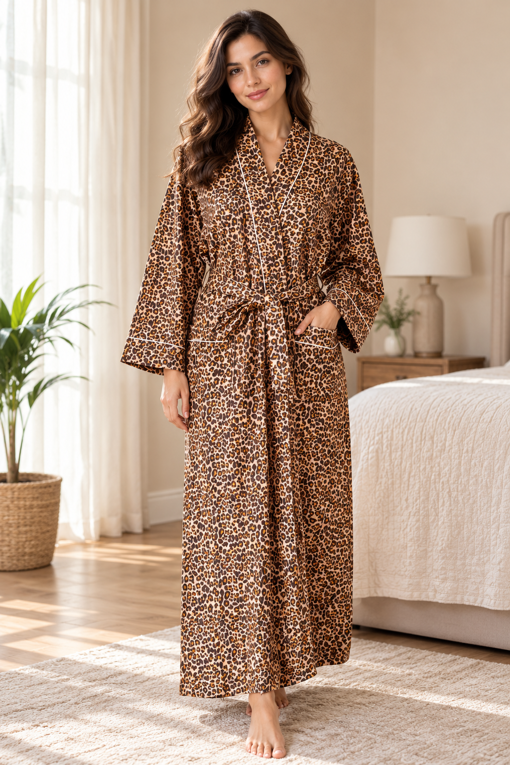 Block Print Cotton Animal Print Bathrobe | Brown & Tan Leopard Spot Kimono Lounge Dress | Casual Sleepwear & Resort Wear