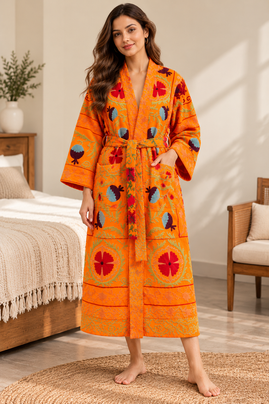 Vibrant Orange Cotton Suzani Embroidered Bathrobe | Crimson Floral Motif Heavy Work Kimono Robe & Lounge Gown| Embroidery Robe