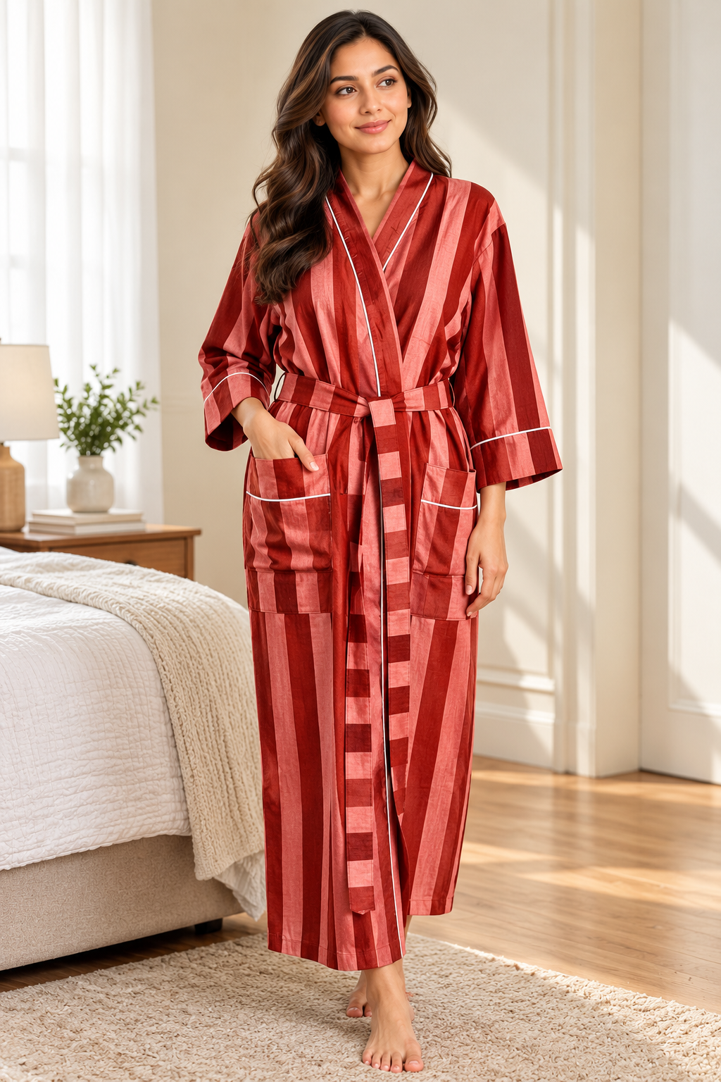 Block Printed Cotton Kimono Sleepwear | Navy & Light Blue Striped Bathrobe | Comfy Casual Loungewear | Bridesmaids Gift
