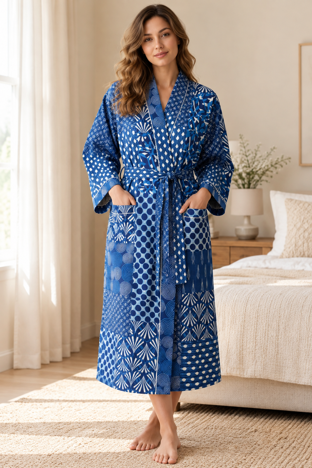 Indigo Blue Patchwork Print Cotton Kimono | Geometric Block Pattern Spa Robe & Lounge Wrap