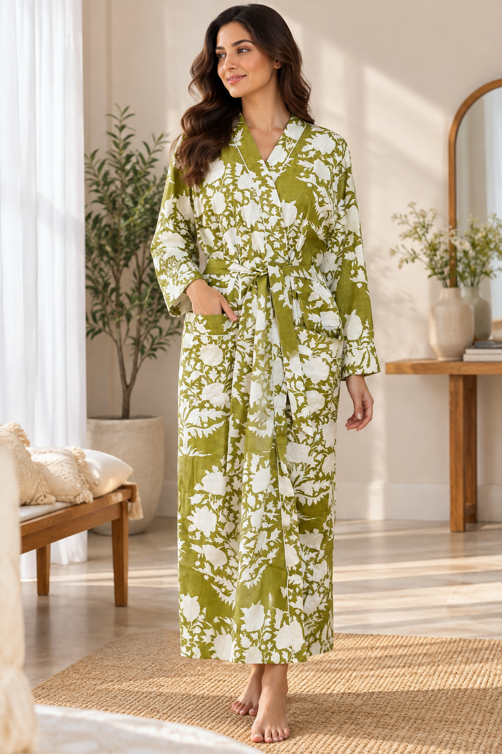 Botanical Handblock Cotton Wrap Dress | Sage Green & White Leaf Motif Kimono Bathrobe | Eco-Friendly Sleep & Spa Wear