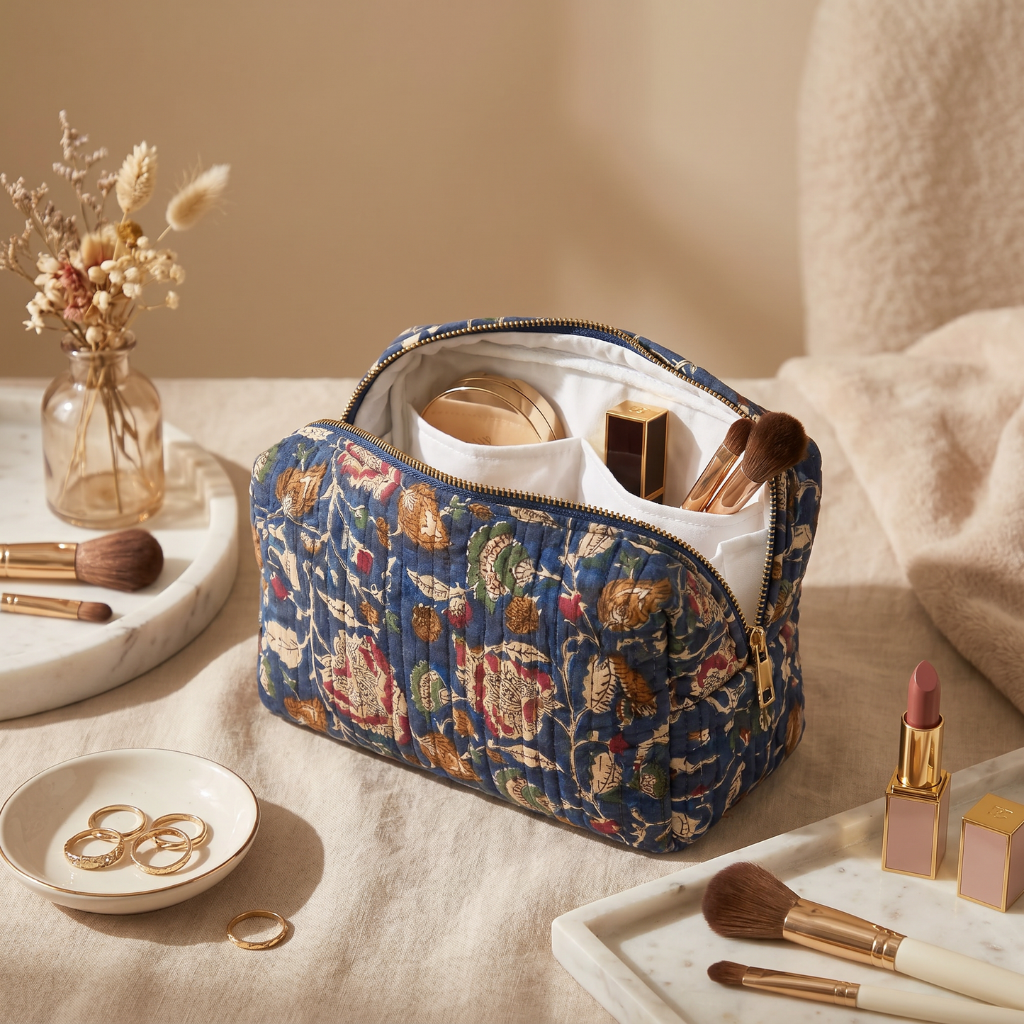 Midnight Blue Vintage Block Print Set of 3 Bags