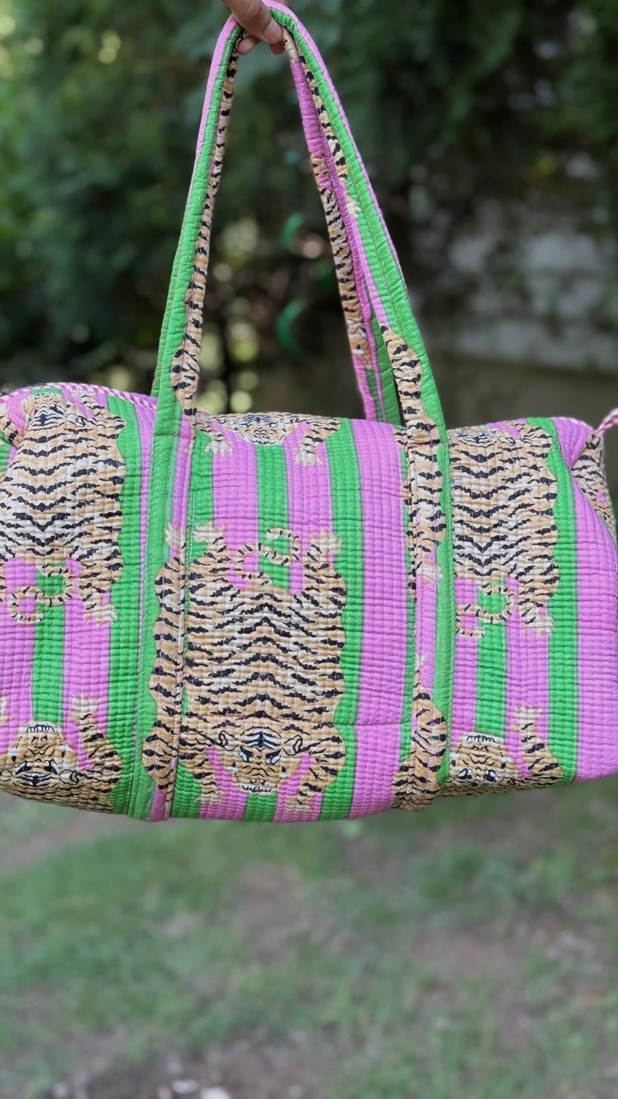 Pink & Green Block Printed Duffel Bag