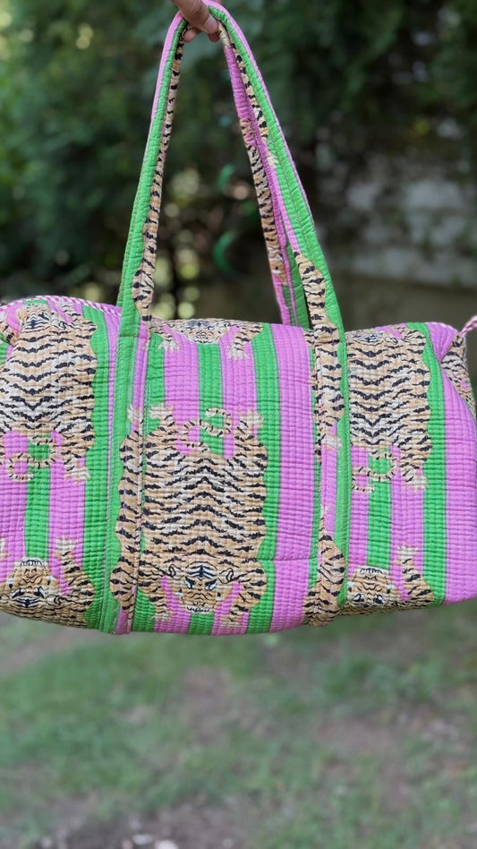Pink & Green Block Printed Duffel Bag