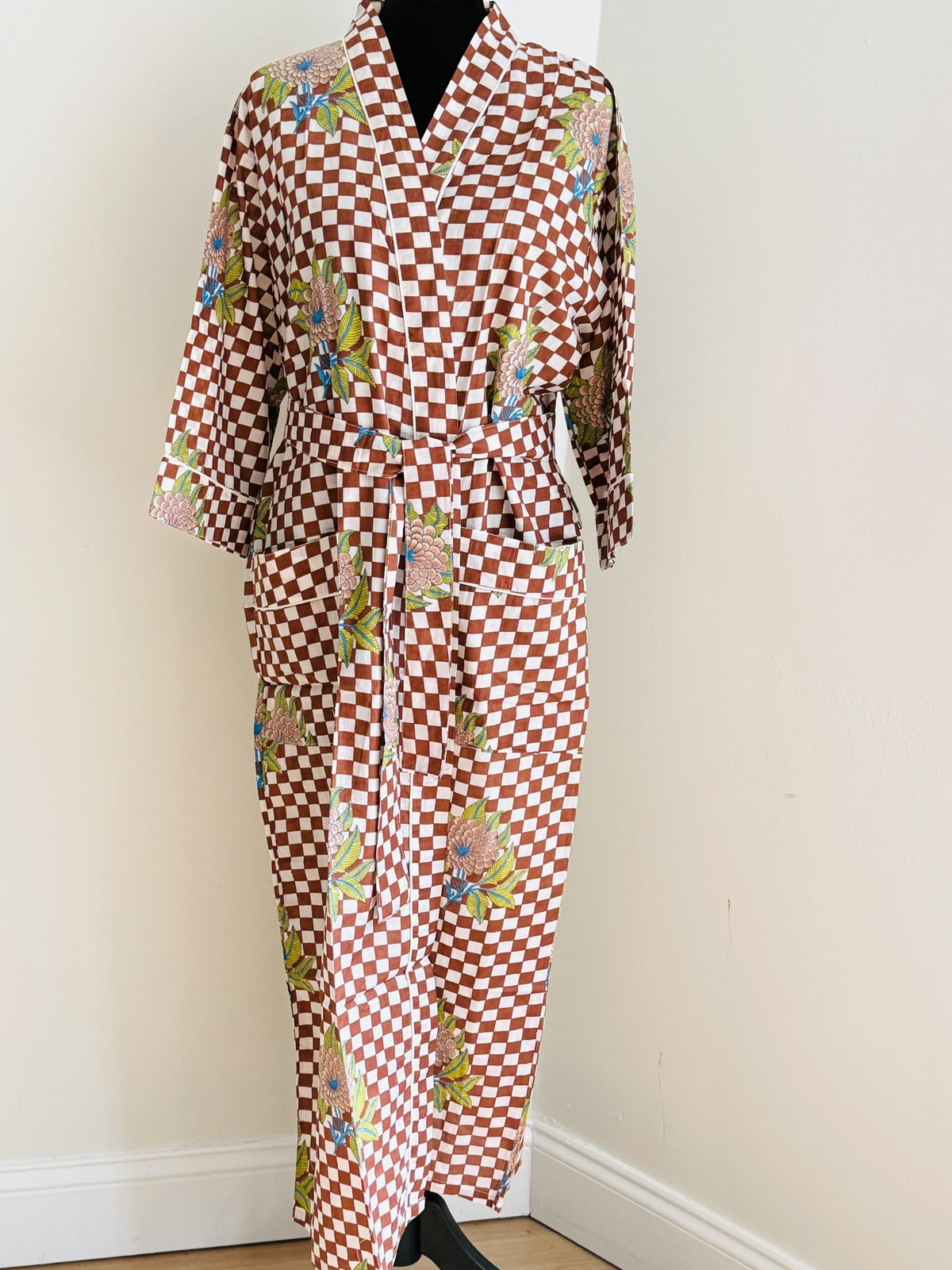 Block Print Cotton Kimono Robe | Red & White Checkered with Green Floral Lounge Robe | Spa & Sleepwear
