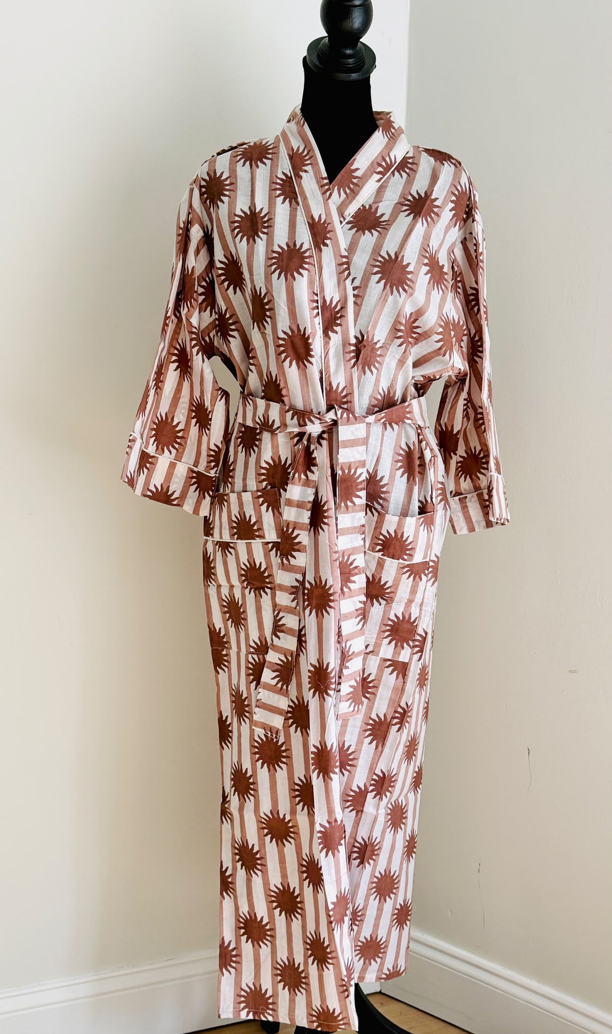 Handcrafted Block Print Cotton Kimono Robe | Terracotta Brown Stripe & Sunburst Lounge Robe | Spa & Sleepwear