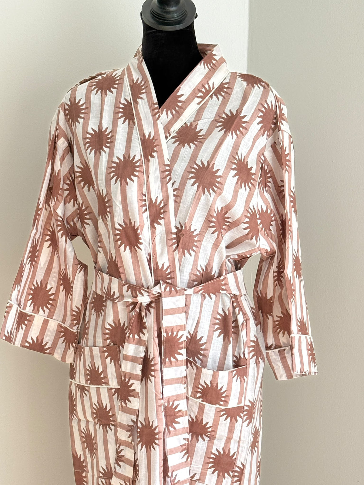 Handcrafted Block Print Cotton Kimono Robe | Terracotta Brown Stripe & Sunburst Lounge Robe | Spa & Sleepwear