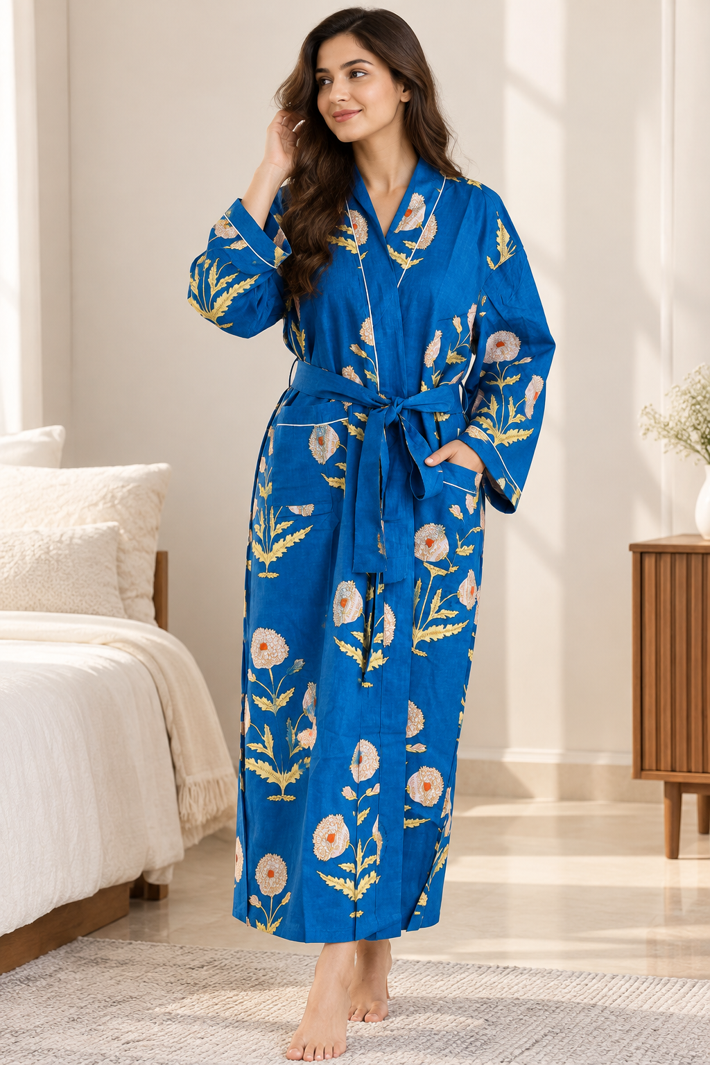 French Blue Cotton Kimono Bathrobe | Ochre Yellow Floral Block Print Spa Robe & Resort Wrap