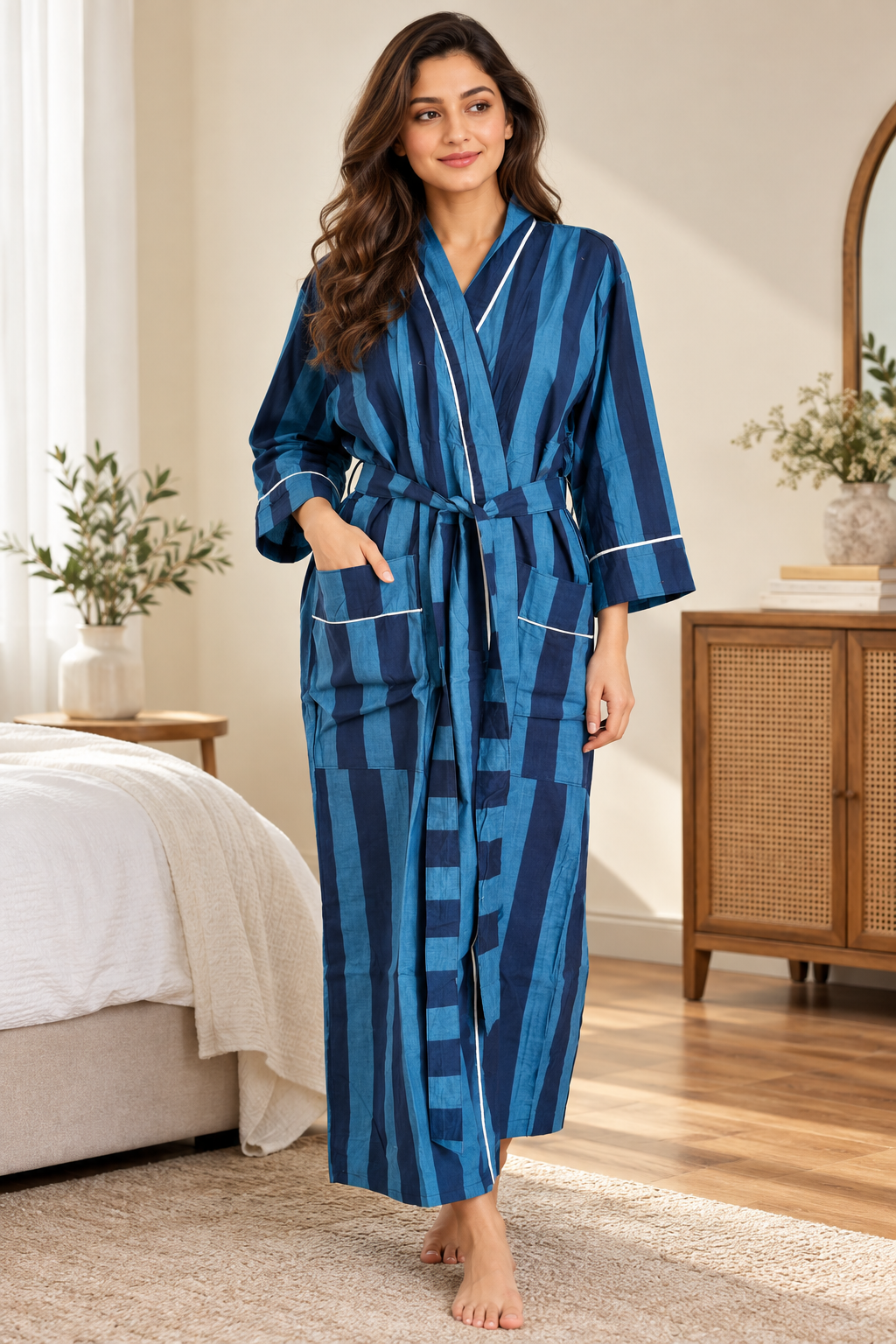Block Printed Cotton Kimono Sleepwear | Navy & Light Blue Striped Bathrobe | Comfy Casual Loungewear | Bridesmaids Gift
