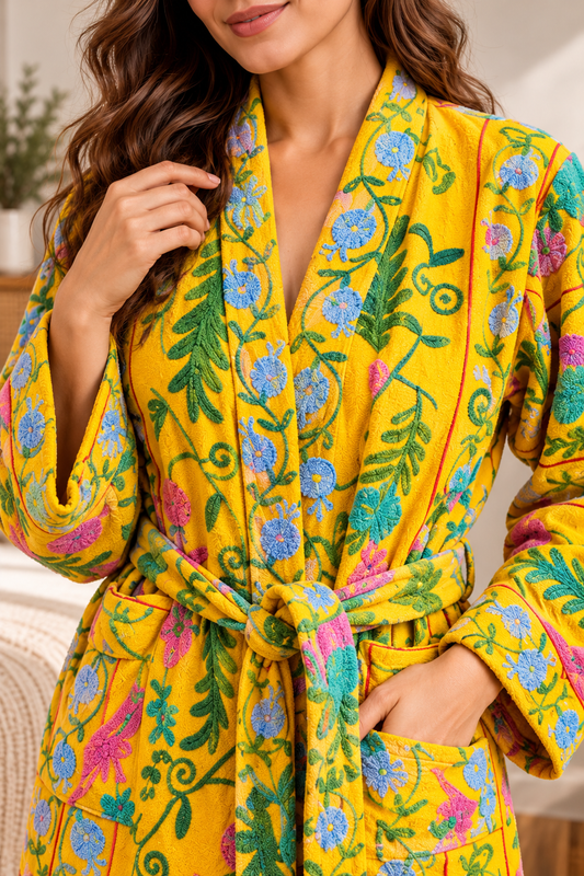 Marigold Yellow Suzani Embroidered Cotton Kimono | Sky Blue Floral Motif Bohemian Housecoat & Lounge Robe