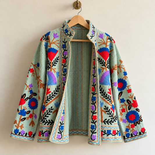 Green Hand Embroidered Suzani Cotton Jacket For Women's, Floral Embroidered Bomber Jacket New Style Bohemian Winter wear Coat Christmas Gift