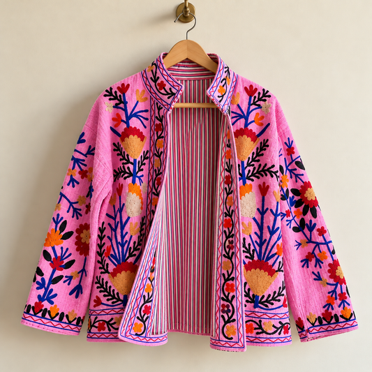 Pink Hand Embroidered Suzani Cotton Jacket For Women's, Floral Embroidered Bomber Jacket, New Style Bohemian Winter wear Coat Christmas Gift